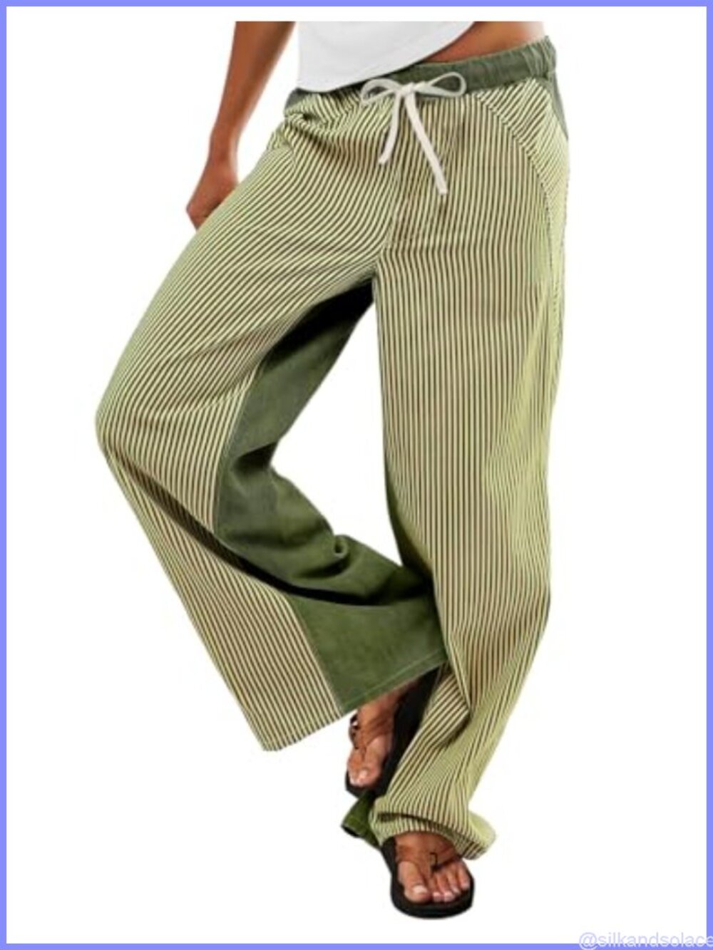 ONLYSTORY Striped Wide Leg Boho Pants Drawstring Pull On Low Rise Casual